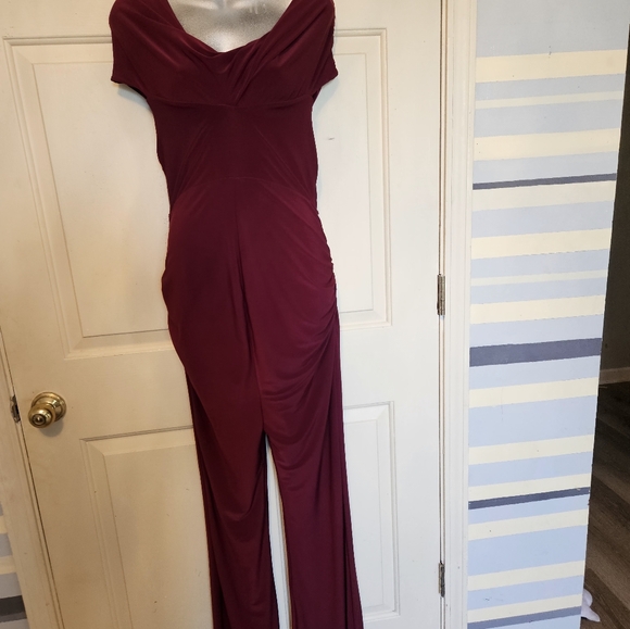Elisa Burgundy Bardot Flared-Leg Maternity Jumpsuit - Picture 7 of 7